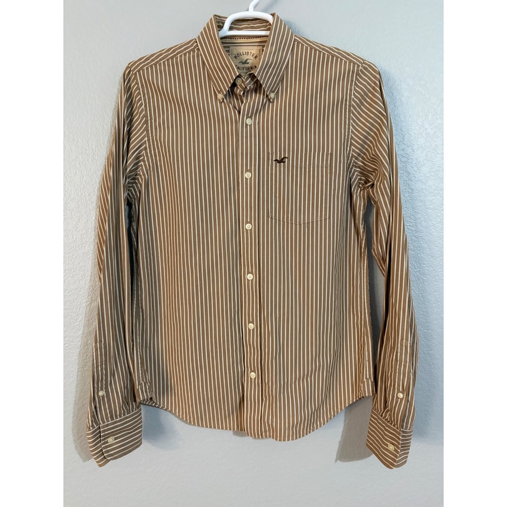 Hollister Mens Brown White Striped Button Down Shirt Long Sleeve Cotton Large